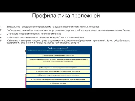 Профилактика пролежней Визуальное , ежедневное определение нарушения целостности кожных покровов Соблюдение личной