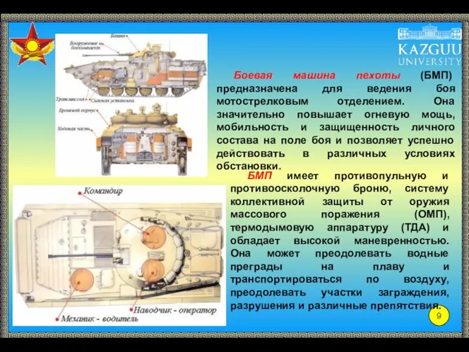 Боевая машина пехоты (БМП) предназначена для ведения боя мотострелковым отделением. Она значительно