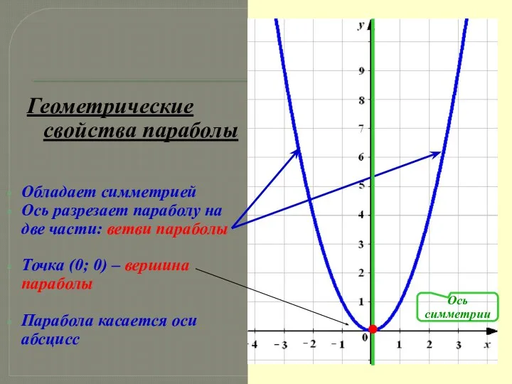 Геометрические свойства параболы Обладает симметрией Ось разрезает параболу на две части: ветви