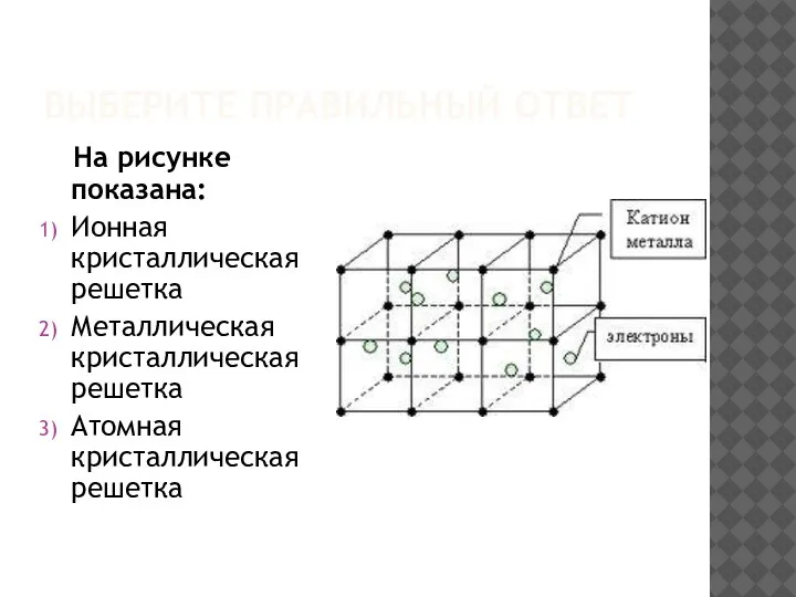 ВЫБЕРИТЕ ПРАВИЛЬНЫЙ ОТВЕТ На рисунке показана: Ионная кристаллическая решетка Металлическая кристаллическая решетка Атомная кристаллическая решетка