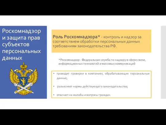 Роскомнадзор и защита прав субъектов персональных данных Роль Роскомнадзора* - контроль и