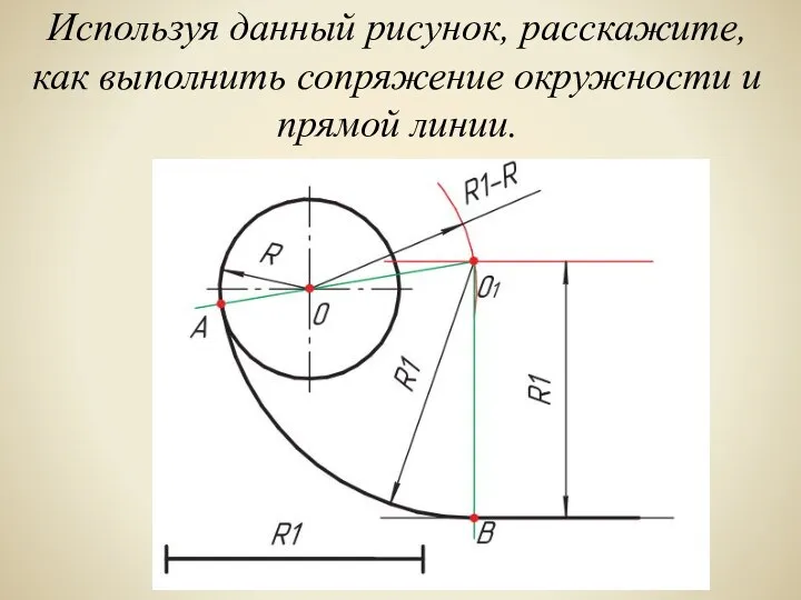 Используя данный рисунок, расскажите, как выполнить сопряжение окружности и прямой линии.