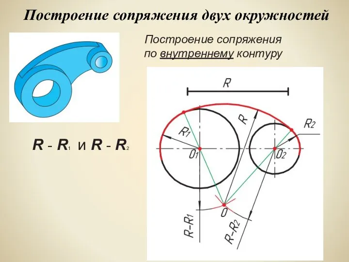 Построение сопряжения двух окружностей Построение сопряжения по внутреннему контуру R - R1 и R - R2