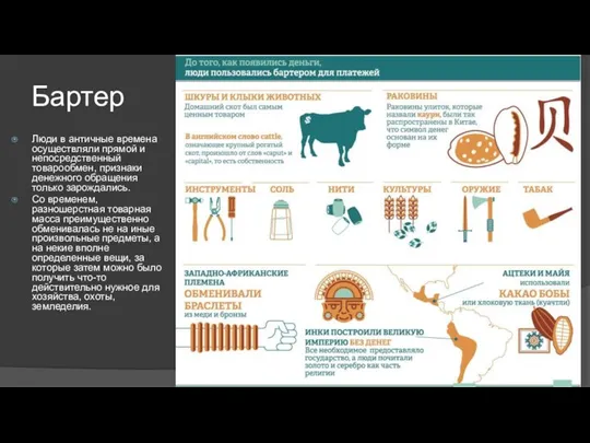 Бартер Люди в античные времена осуществляли прямой и непосредственный товарообмен, признаки денежного