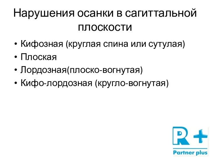 Нарушения осанки в сагиттальной плоскости Кифозная (круглая спина или сутулая) Плоская Лордозная(плоско-вогнутая) Кифо-лордозная (кругло-вогнутая)