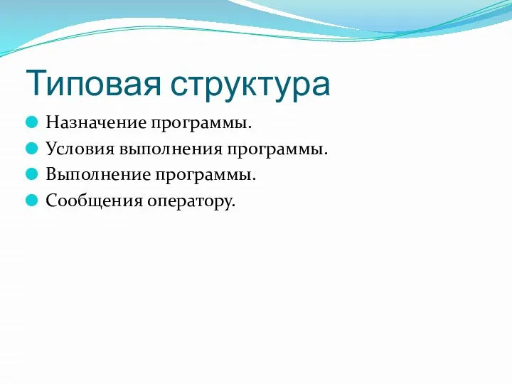 Типовая структура Назначение программы. Условия выполнения программы. Выполнение программы. Сообщения оператору.