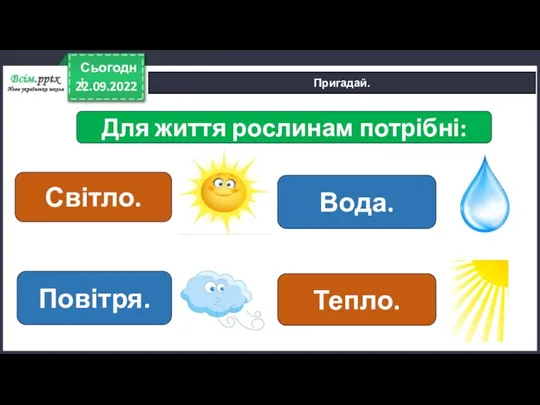 22.09.2022 Сьогодні Пригадай. Для життя рослинам потрібні: Світло. Тепло. Вода. Повітря.