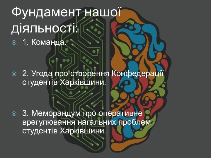 Фундамент нашої діяльності: 1. Команда. 2. Угода про створення Конфедерації студентів Харківщини.