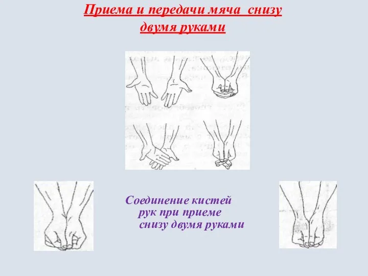 Приема и передачи мяча снизу двумя руками Соединение кистей рук при приеме снизу двумя руками