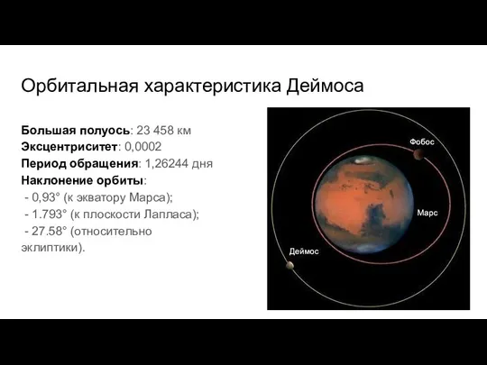 Орбитальная характеристика Деймоса Большая полуось: 23 458 км Эксцентриситет: 0,0002 Период обращения: