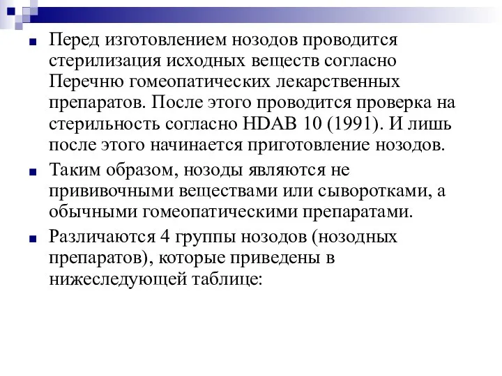 Перед изготовлением нозодов проводится стерилизация исходных веществ согласно Перечню гомеопатических лекарственных препаратов.