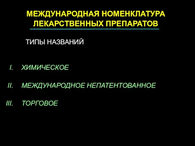 МЕЖДУНАРОДНАЯ НОМЕНКЛАТУРА ЛЕКАРСТВЕННЫХ ПРЕПАРАТОВ ТИПЫ НАЗВАНИЙ ХИМИЧЕСКОЕ МЕЖДУНАРОДНОЕ НЕПАТЕНТОВАННОЕ ТОРГОВОЕ