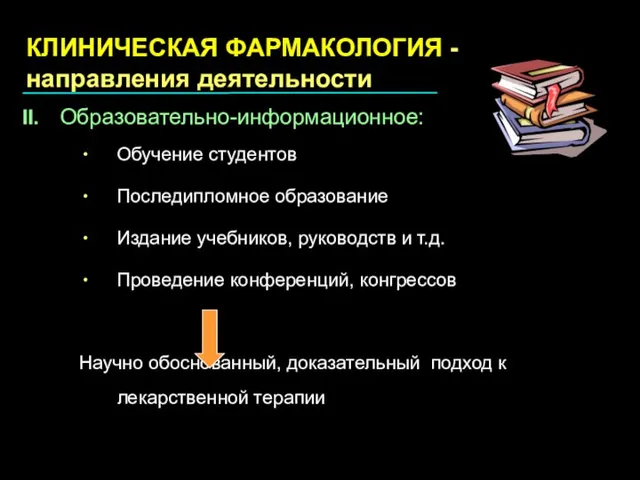 II. Образовательно-информационное: Обучение студентов Последипломное образование Издание учебников, руководств и т.д. Проведение