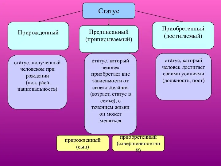 Статус Приобретенный (достигаемый) Предписанный (приписываемый) статус, полученный человеком при рождении (пол, раса,