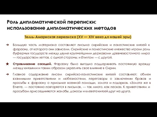 Роль дипломатической переписки: использование дипломатических методов Телль-Амарнская переписка (XV — XIV века