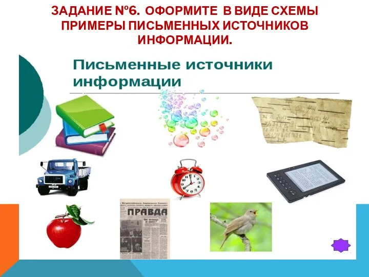 ЗАДАНИЕ №6. ОФОРМИТЕ В ВИДЕ СХЕМЫ ПРИМЕРЫ ПИСЬМЕННЫХ ИСТОЧНИКОВ ИНФОРМАЦИИ.