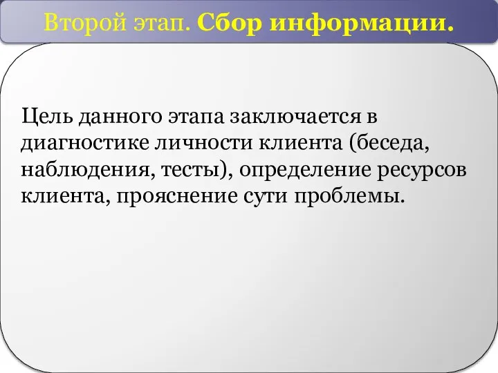 Второй этап. Сбор информации. Цель данного этапа заключается в диагностике личности клиента