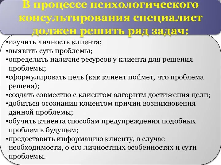 изучить личность клиента; выявить суть проблемы; определить наличие ресурсов у клиента для