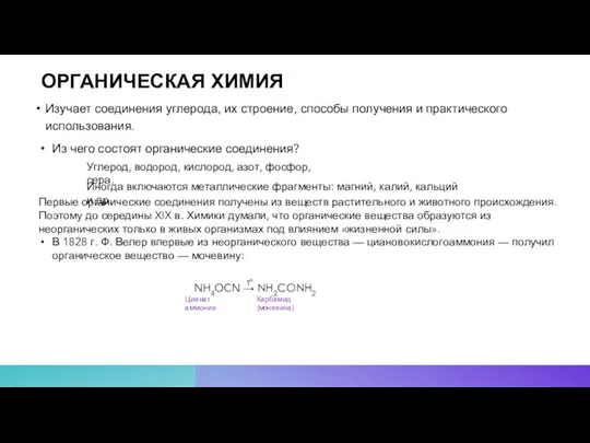 ОРГАНИЧЕСКАЯ ХИМИЯ Изучает соединения углерода, их строение, способы получения и практического использования.