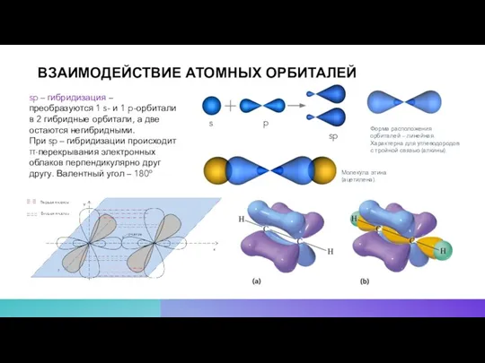 ВЗАИМОДЕЙСТВИЕ АТОМНЫХ ОРБИТАЛЕЙ sp – гибридизация – преобразуются 1 s- и 1