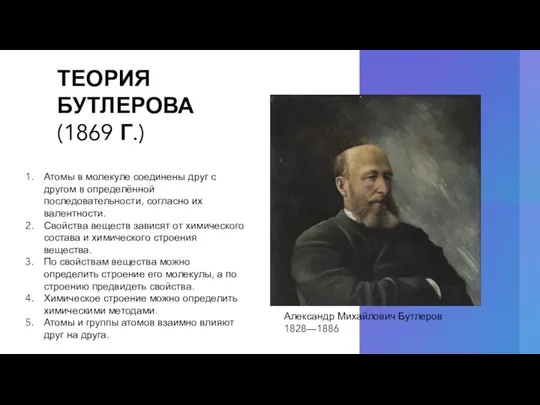 ТЕОРИЯ БУТЛЕРОВА (1869 Г.) Александр Михайлович Бутлеров 1828—1886 Атомы в молекуле соединены