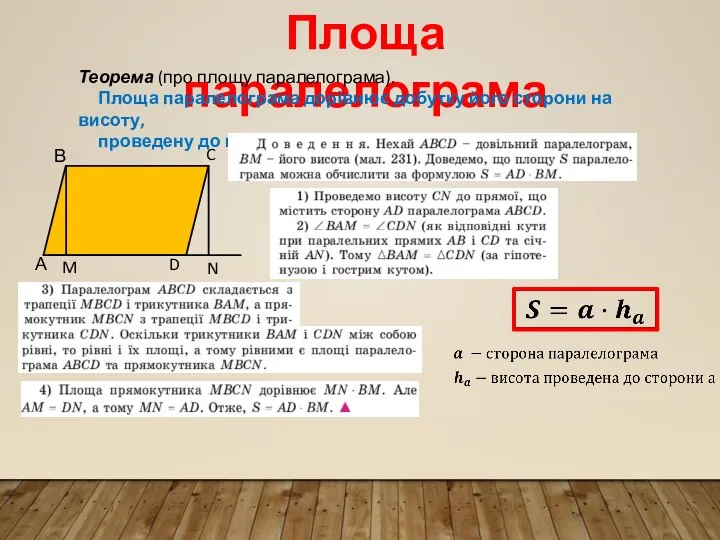 Площа паралелограма Теорема (про площу паралелограма). Площа паралелограма дорівнює добутку його сторони