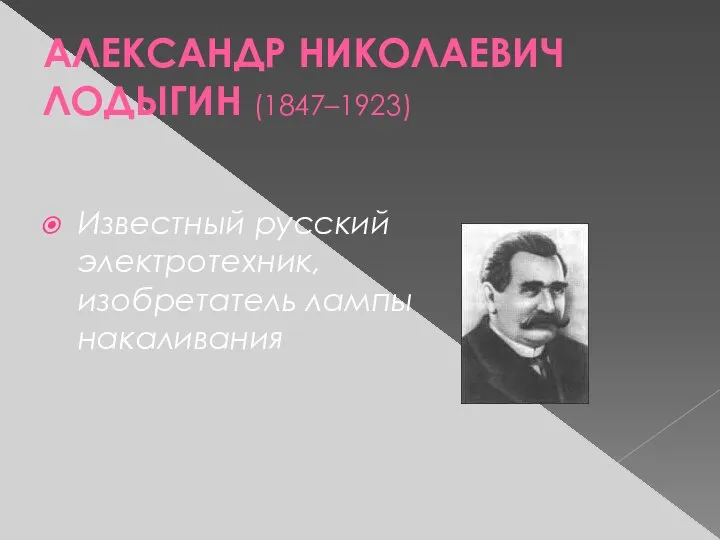 АЛЕКСАНДР НИКОЛАЕВИЧ ЛОДЫГИН (1847–1923) Известный русский электротехник, изобретатель лампы накаливания