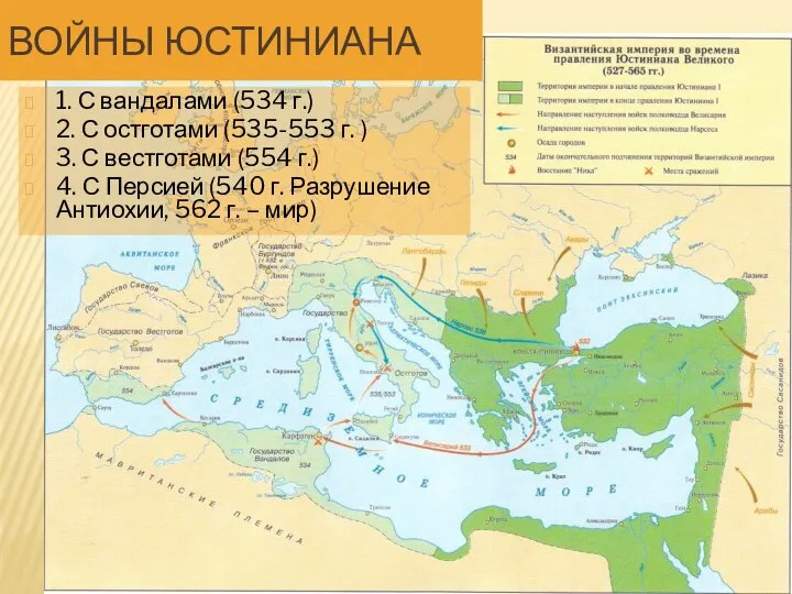 ВОЙНЫ ЮСТИНИАНА 1. С вандалами (534 г.) 2. С остготами (535-553 г.