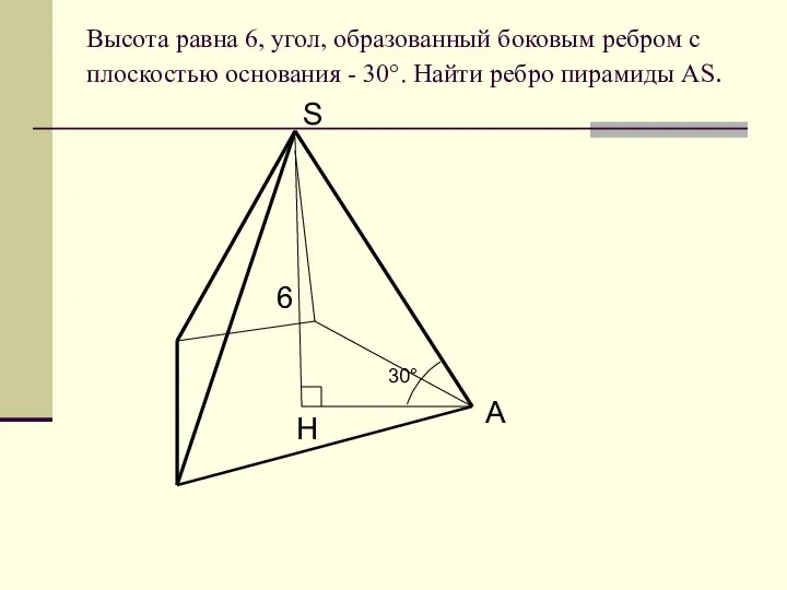 Высота равна 6, угол, образованный боковым ребром с плоскостью основания - 30°.