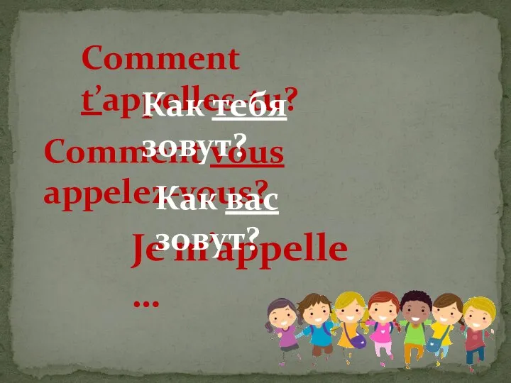 Comment t’appelles-tu? Comment vous appelez-vous? Je m’appelle … Как тебя зовут? Как вас зовут?