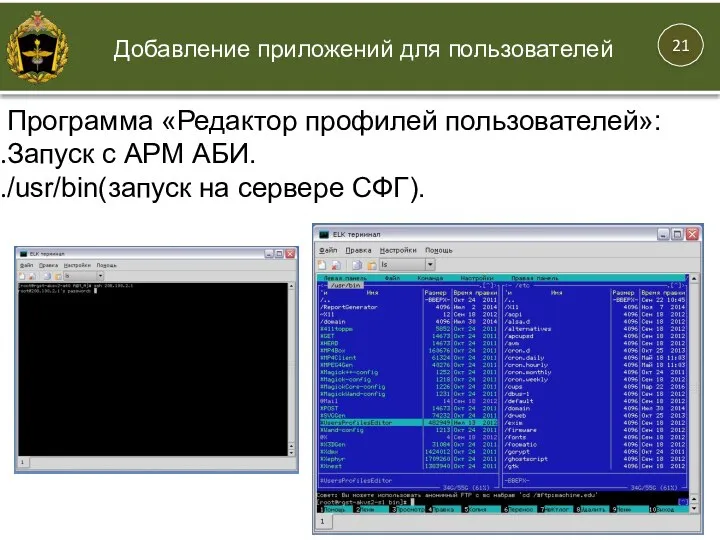 Программа «Редактор профилей пользователей»: Запуск с АРМ АБИ. /usr/bin(запуск на сервере СФГ).