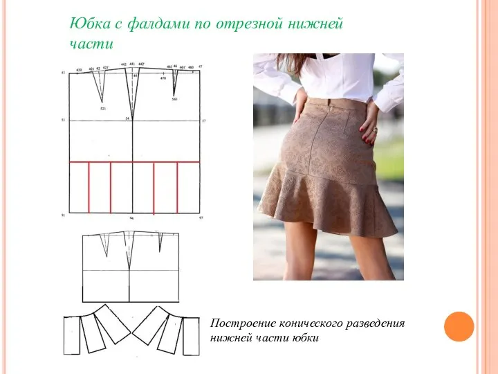 Юбка с фалдами по отрезной нижней части Построение конического разведения нижней части юбки