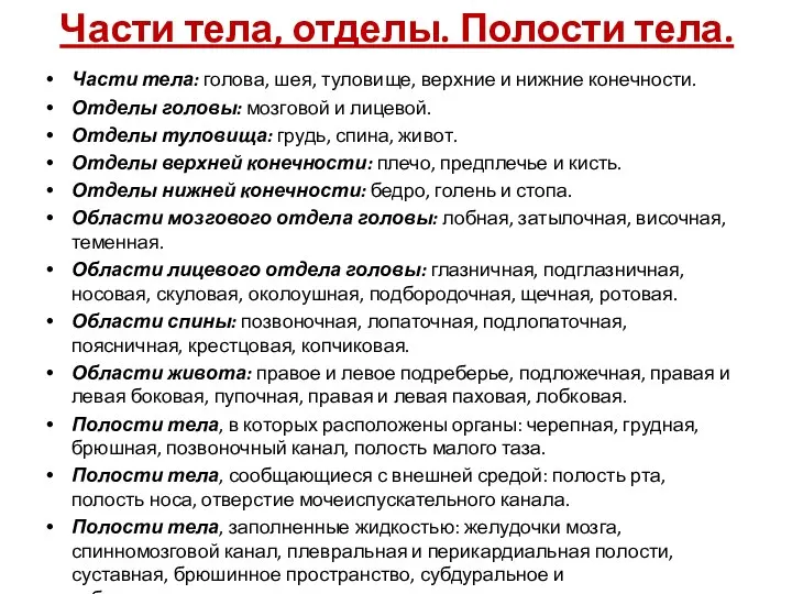 Части тела, отделы. Полости тела. Части тела: голова, шея, туловище, верхние и