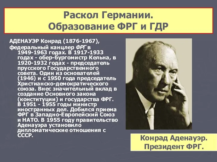 Раскол Германии. Образование ФРГ и ГДР Конрад Аденауэр. Президент ФРГ. АДЕНАУЭР Конрад