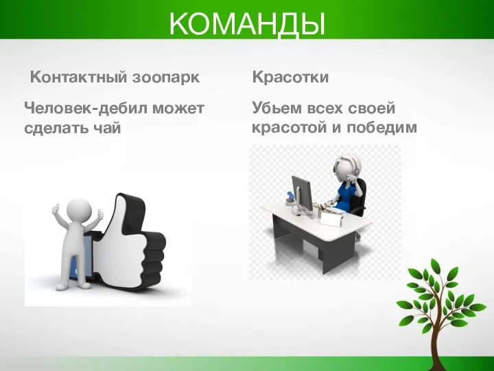 КОМАНДЫ Человек-дебил может сделать чай Красотки Контактный зоопарк Убьем всех своей красотой и победим