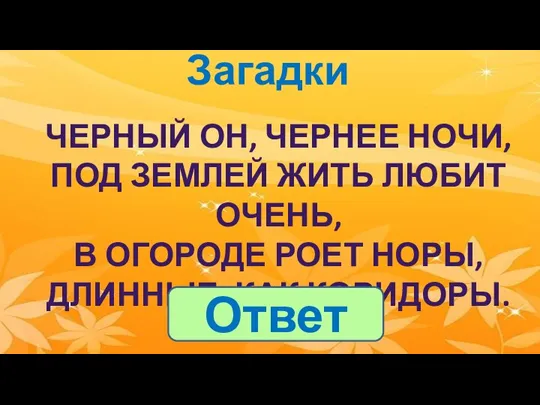 Загадки ЧЕРНЫЙ ОН, ЧЕРНЕЕ НОЧИ, ПОД ЗЕМЛЕЙ ЖИТЬ ЛЮБИТ ОЧЕНЬ, В ОГОРОДЕ