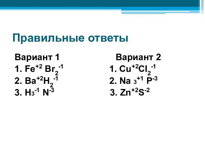 Правильные ответы Вариант 1 Вариант 2 1. Fe+2 Br2-1 1. Cu+2Cl2-1 2.