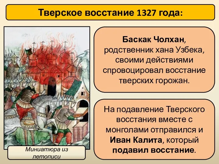 Тверское восстание 1327 года: Баскак Чолхан, родственник хана Узбека, своими действиями спровоцировал