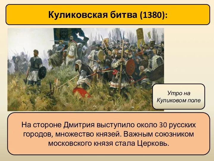 Куликовская битва (1380): На стороне Дмитрия выступило около 30 русских городов, множество