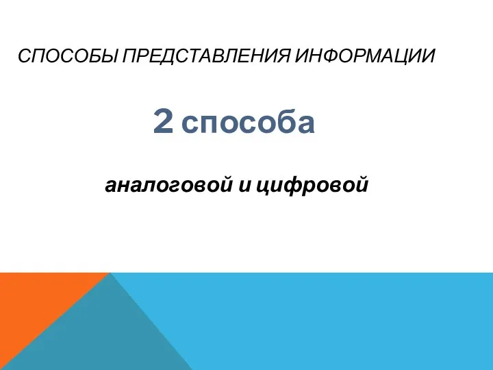 СПОСОБЫ ПРЕДСТАВЛЕНИЯ ИНФОРМАЦИИ 2 способа аналоговой и цифровой