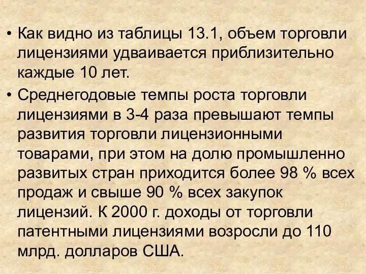 Как видно из таблицы 13.1, объем торговли лицензиями удваивается приблизительно каждые 10