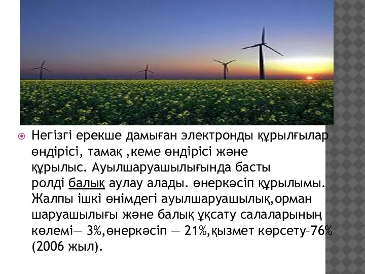 Негізгі ерекше дамыған электронды құрылғылар өндірісі, тамақ ,кеме өндірісі және құрылыс. Ауылшаруашылығында