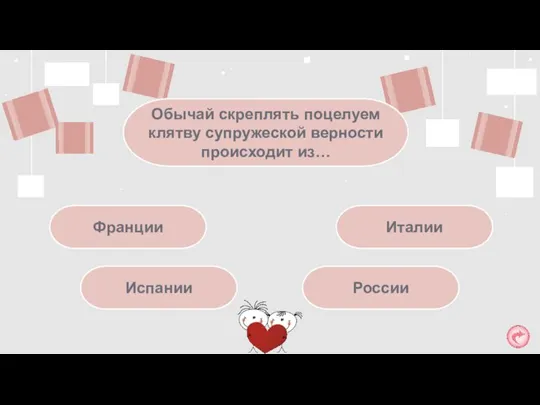 России Обычай скреплять поцелуем клятву супружеской верности происходит из… Италии Испании Франции