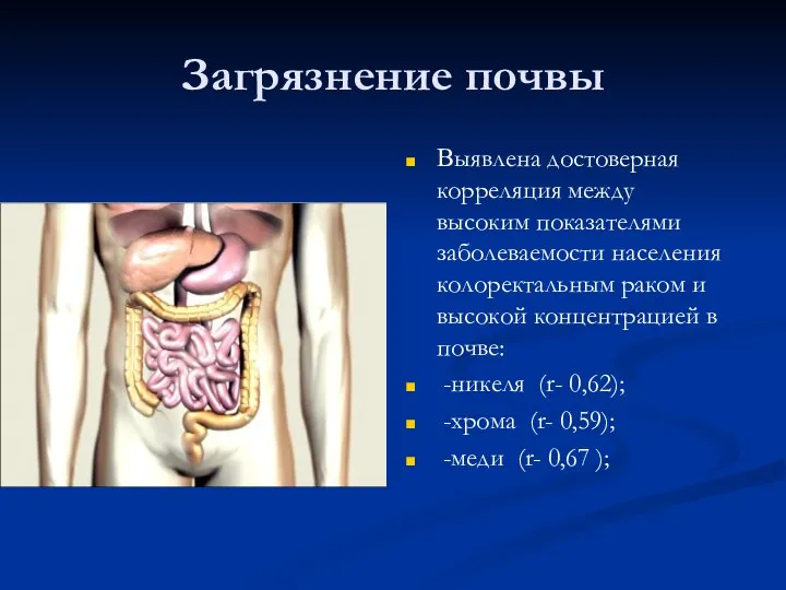 Загрязнение почвы Выявлена достоверная корреляция между высоким показателями заболеваемости населения колоректальным раком