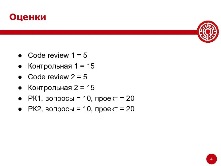 Оценки Code review 1 = 5 Контрольная 1 = 15 Code review