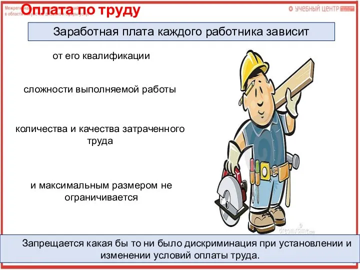 Оплата по труду Заработная плата каждого работника зависит от его квалификации сложности