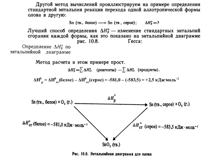 ΔН0р = ΔН0сг(белое) – ΔН0сг(серое) = -581,0 – (-583,5) = +2,5 кДж∙моль-1