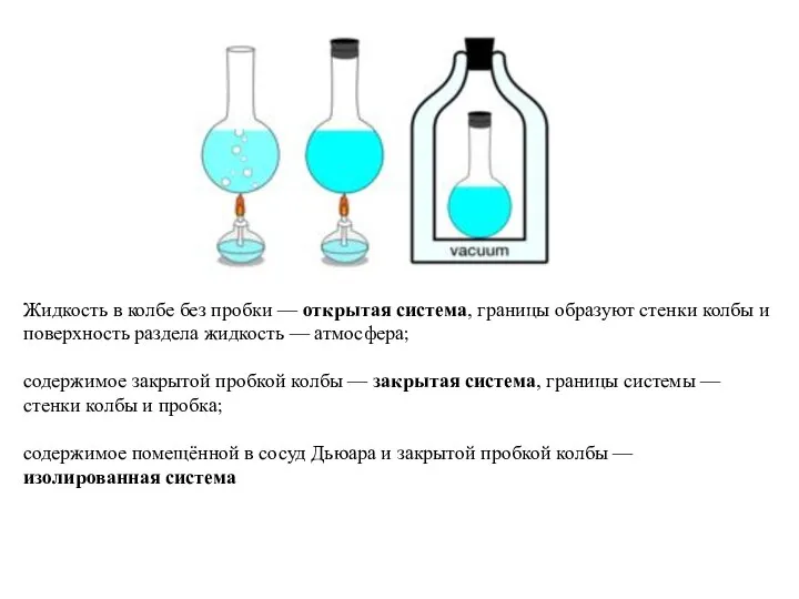 Жидкость в колбе без пробки — открытая система, границы образуют стенки колбы