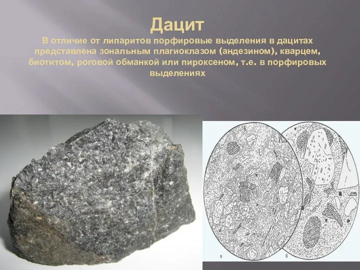 Дацит В отличие от липаритов порфировые выделения в дацитах представлена зональным плагиоклазом