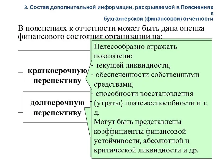 В пояснениях к отчетности может быть дана оценка финансового состояния организации на: